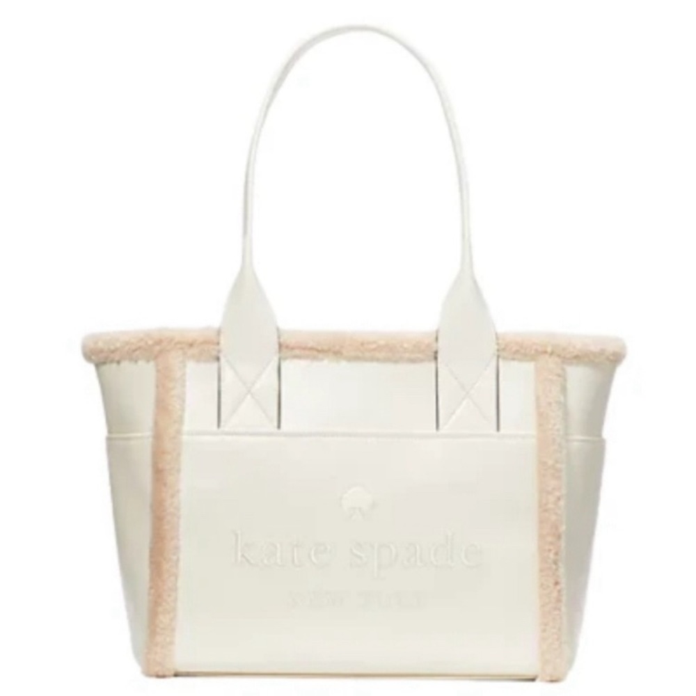 NWT kate spade Jett Faux Shearling Patent Leather Large Tote, Meringue White